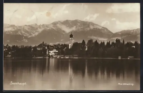 AK Seeshaupt, Ortsansicht mit Kirche und Alpenpanorama