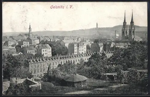 AK Oelsnitz i. V., Stadtansicht mit Kirche und Denkmal