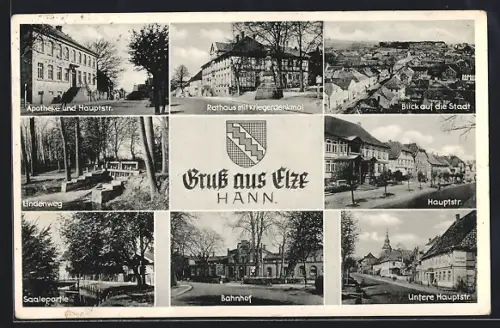 AK Elze /Hann., Rathaus mit Kriegerdenkmal, Bahnhof, Hauptstrasse