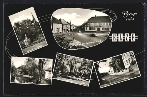 AK Elze /Hann., Roland-Denkmal, Kreuzung an der Bundesstrasse, Saalepartie, Apotheke und Rathaus