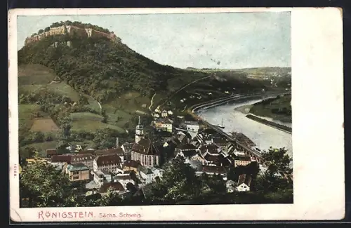 AK Königstein /Sächs. Schweiz, Stadtansicht, Elbe, Festung