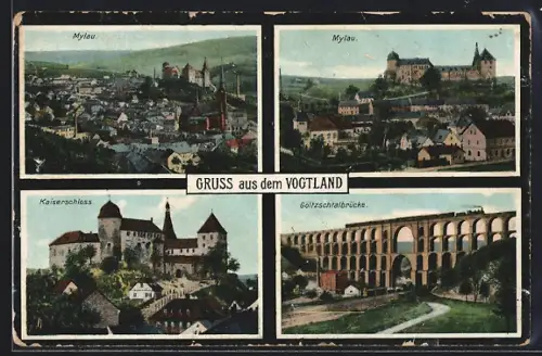 AK Mylau, Stadtsicht, Kaiserschloss, Göltzschtalbrücke