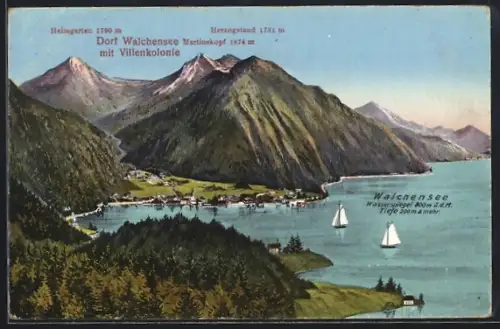 AK Walchensee, Dorf mit Villenkolonie, Heimgarten, Herzogstand, See mit Segelbooten