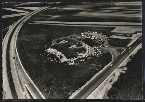 AK Kassel, Autobahn-Rasthaus von Herbert Henkel, Fliegeraufnahme