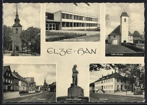 AK Elze /Han., Gauss-Krüger-Schule, Rathaus, Roland-Denkmal