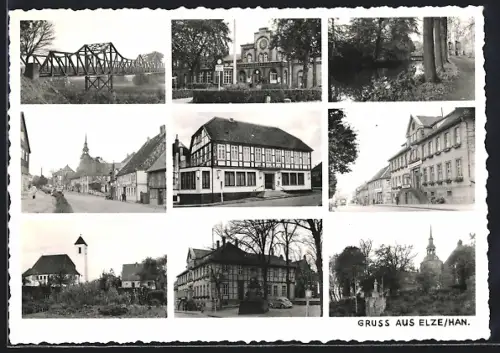 AK Elze /Han., Hotel Deutsches Tor, Bahnhof, Flussbrücke, Kirche, Polizeipräsidium