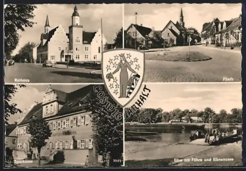 AK Coswig / Anhalt, Rathaus, Sparkasse, Strassenpartie Flieth, Fährschiff, Wappen