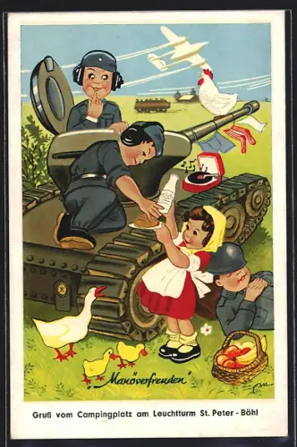 Künstler-AK St. Peter-Böhl, Campingplatz am Leuchtturm, Manöverfreuden
