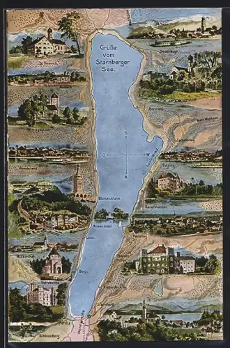 AK Starnberg, Karte vom Starnberger See mit Seeshaupt, Feldafing & Ammerland