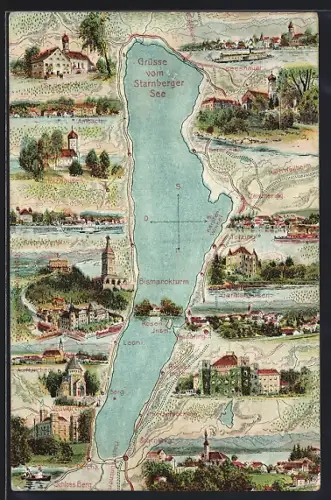 AK Starnberg, Karte vom Starnberger See mit Berg, Arnbach, Tutzing und Holzhausen