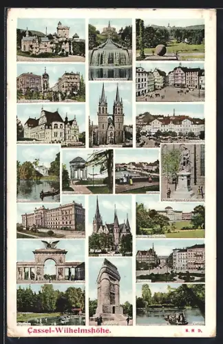 AK Kassel-Wilhelmshöhe, Bismarcksäule, Cascaden, Löwenburg