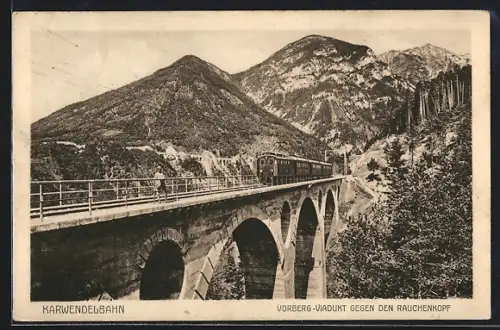 AK Karwendelbahn, Vorberg-Viadukt gegen den Rauchenkopf, österreichische Eisenbahn