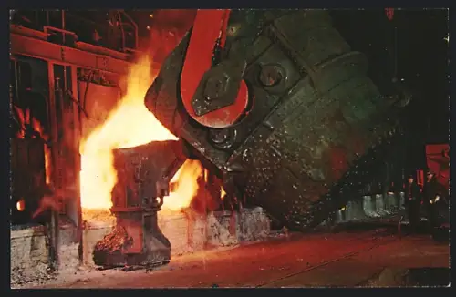 AK Gary, IN, Open Hearth Furnace, Gary Steel Works, Molton iron is being poured into an open hearth furnace, Bergbau