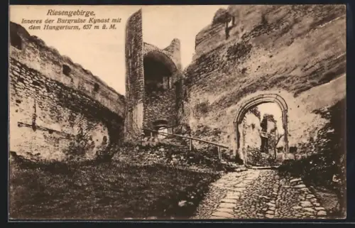 AK Krkonose, Inneres der Burgruine Kynast mit dem Hungerturm