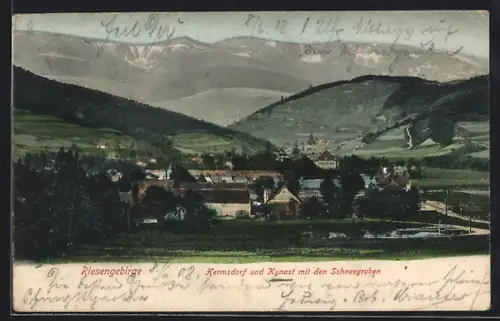AK Hermsdorf, Ortsansicht mit Kynast und den Schneegruben