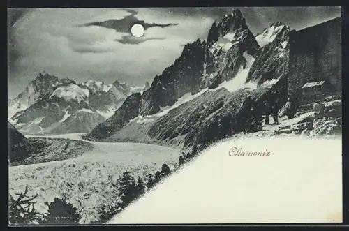 Mondschein-AK Chamonix, Gletscher vor Gebirgspanorama