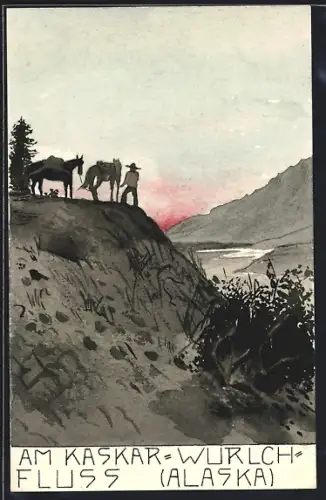 Künstler-AK Handgemalt: Kaskar-Wurlch-Fluss, AK, Trapper mit zwei Pferden auf Steilhang über dem Fluss