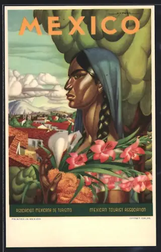 Künstler-AK Mexico, Mexikanische Frau mit Blumen vor Stadtansicht, Tourismus