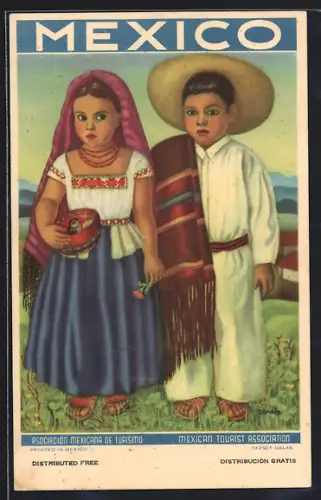 Künstler-AK Mexico, Junge und Mädchen in traditioneller Kleidung, Tourismus
