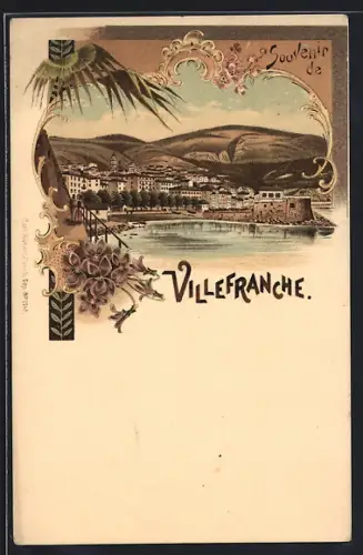 Lithographie Villefranche, Ortsansicht vom Wasser her