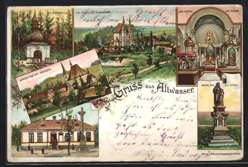 Lithographie Altwasser, Volksschule, Königsquelle, Kirche in Altwasser, Statue der Hl. Anna