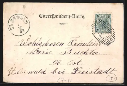 Lithographie Altwasser, Volksschule, Königsquelle, Kirche in Altwasser, Statue der Hl. Anna