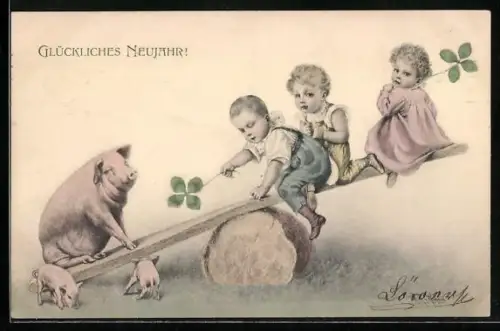 Künstler-AK Wichera: Kinder auf einer Wippe mit einem Schwein, Glückliches Neujahr