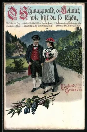 Lithographie O Schwarzwald, o Heimat..., Paar in Tracht