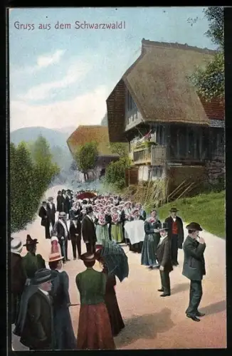 AK Schnellingen, Gruppe in schwarzwälder Tracht bei einer Taufe