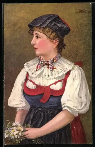 Künstler-AK J. Hertter: Dame in Schwarzwälder Tracht mit Blumenstrauss