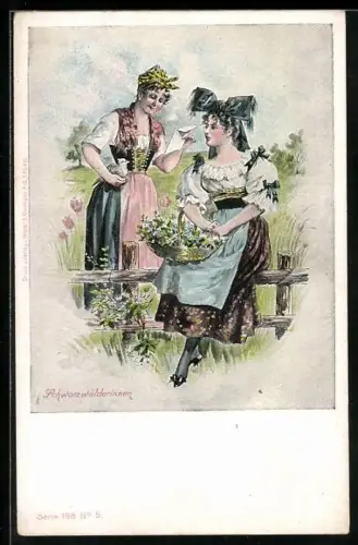 Künstler-AK Zwei Schwarzwälderinnen auf einer Wiese