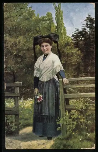 Künstler-AK Heinrich Hoffmann: Markgräflerin in ihrer Tracht am Gartenzaun