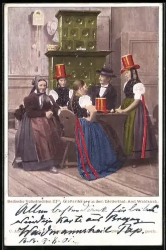 AK Familie in Schwarzwälder Tracht um einen Tisch