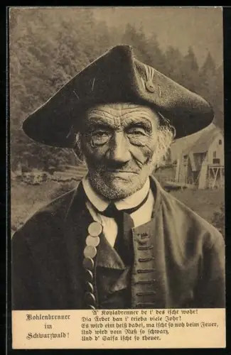 AK Kohlenbrenner im Schwarzwald, alter Mann in Schwarzwälder Tracht