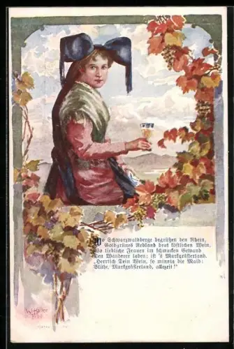 AK Frau in Tracht mit Weinglas zwischen herbstl. Reben