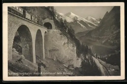 AK Lötschbergbahn am Kreis- u. Kehrtunnel beim Blausee, schweizer Eisenbahn