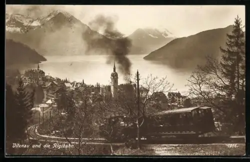 AK Vitznau, Rigibahn mit Blick auf Ort, Bergbahn