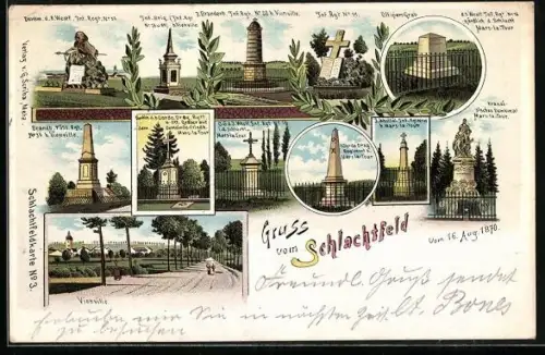 Lithographie Saarbrücken, Gruss vom Schlachtfeld, Vionville, Offiziersgrab & Mars a la Tour Denkmal