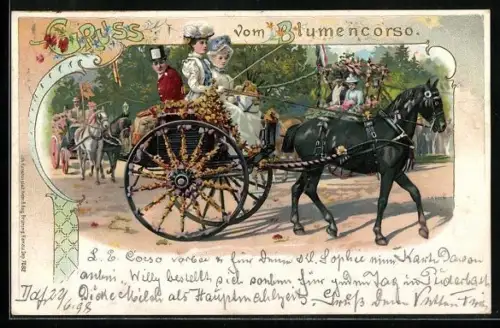 Lithographie Blumencorso, Geschmückte Kutschen mit festlich gekleideten Fahrern