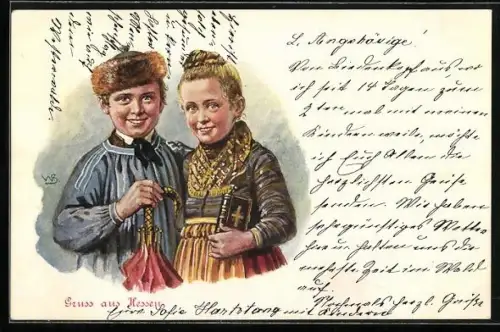 AK Gruss aus Hessen, Paar in hessischer Tracht