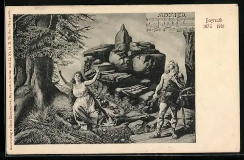 AK Bayreuth, Siegfried und Frau vor einem Felsen