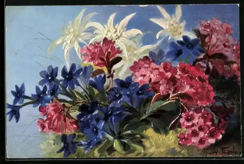 Künstler-AK Mary Golay: Bunter Blumenstrauss mit Edelweiss