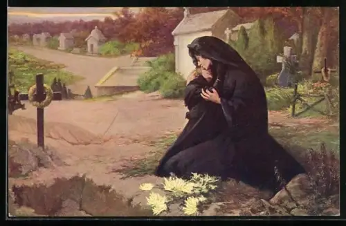 AK weinende Frauen am Elterngrab