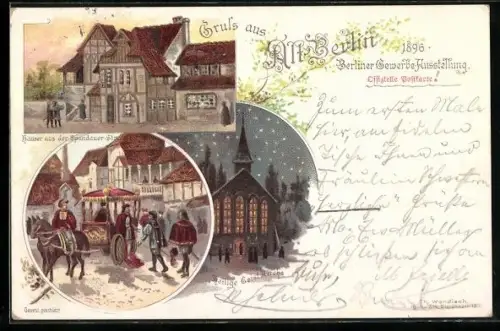 Lithographie Berlin, Gewerbe-Ausstellung 1896, Alt-Berlin: Häuser Spandauer Strasse, Hl. Geist Kirche