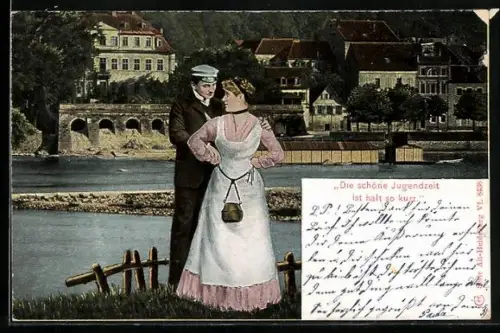 AK Heidelberg, Student mit Frau am Fluss, Blick zur Stadt