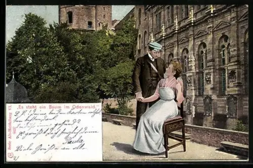 AK Odenwald, Liebespaar, Frau auf einem Stuhl sitzend, Mann hält ihre Hand, studentische Szene