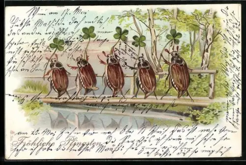 Lithographie Maikäfer mit Glücksklee laufen über eine Brücke im Grünen
