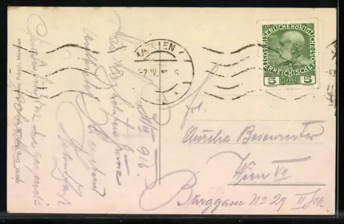 AK Bozen, grosses Viadukt der Virglbahn mit Blick auf die Stadt