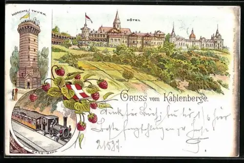 Lithographie Wien-Döbling, Blick auf Hotel, Aussichtsturm, Berg-Bahn