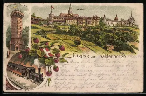 Lithographie Kahlenberg, Hotel, Aussichts-Turm, Bergbahn